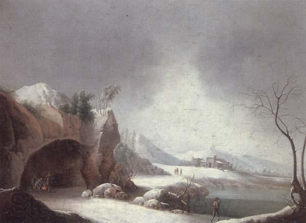 unknow artist A winter landscpae with travellers gathered aroubnd a fire in a grotto,overlooding a lake,a monastery beyond Norge oil painting art